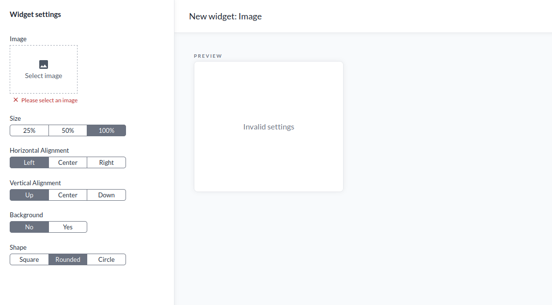 The Image widget settings, with size, horizontal and vertical alignment, background and shape