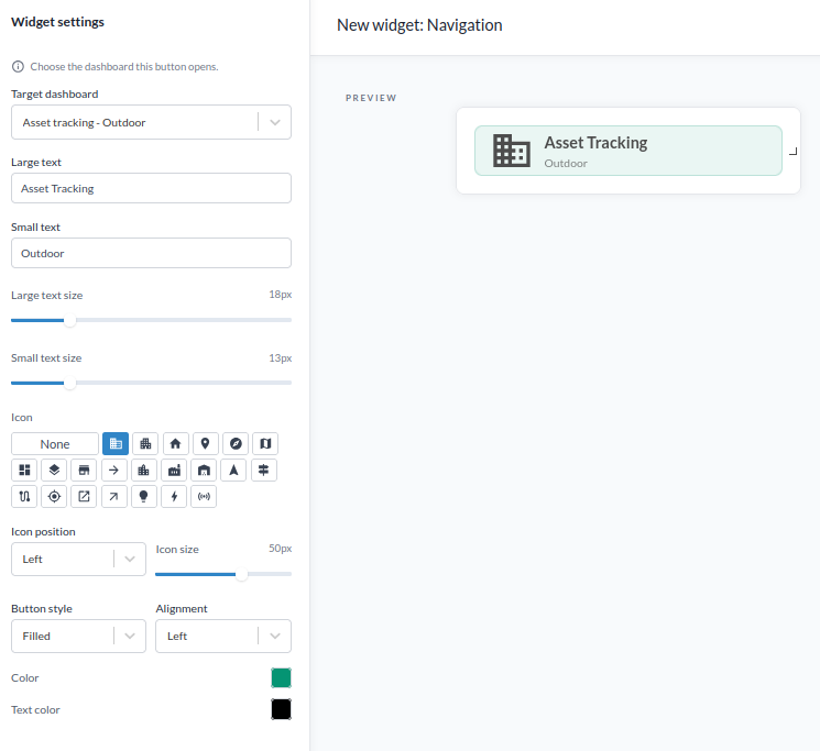 The Navigation widget settings, with target dashboard, the two text lines, icon, button style and colours