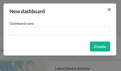 The New dashboard dialog, with the name field and the Create button