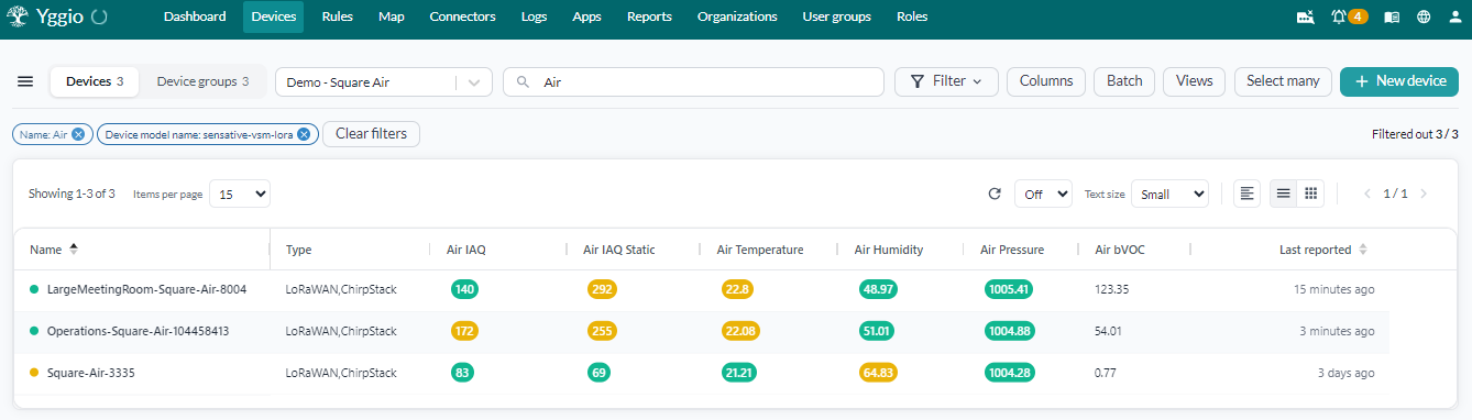 The Yggio device list filtered to Square Air sensors, showing their Air IAQ, temperature, humidity and pressure values and the device model name filter sensative-vsm-lora
