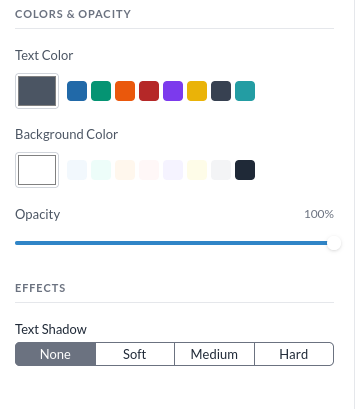 The Colors and opacity section, and the Effects section with the text shadow options