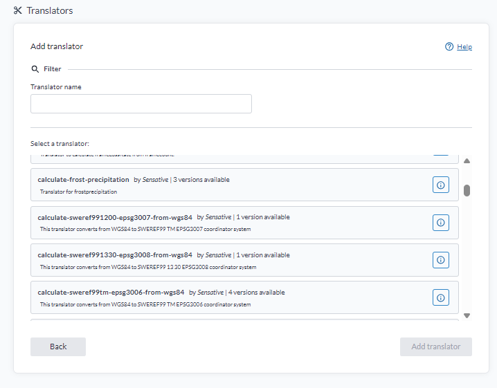 Add translator picker with filter and info button
