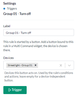 The Settings panel for the Button trigger, with the label shown on the dashboard button
