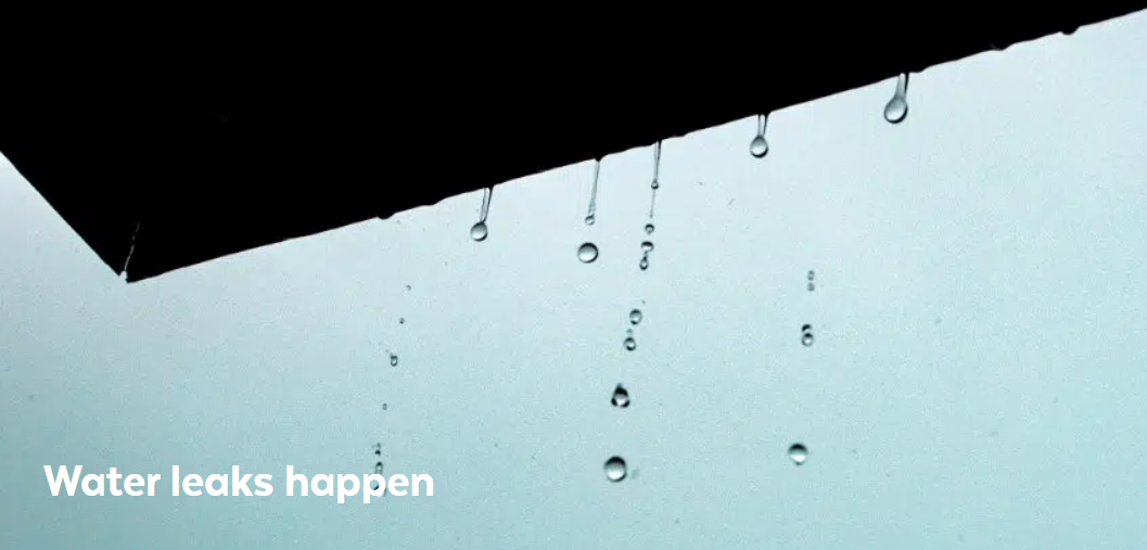 Vatten som droppar från en takkant mot en ljus vägg, med bildtexten "Water leaks happen"