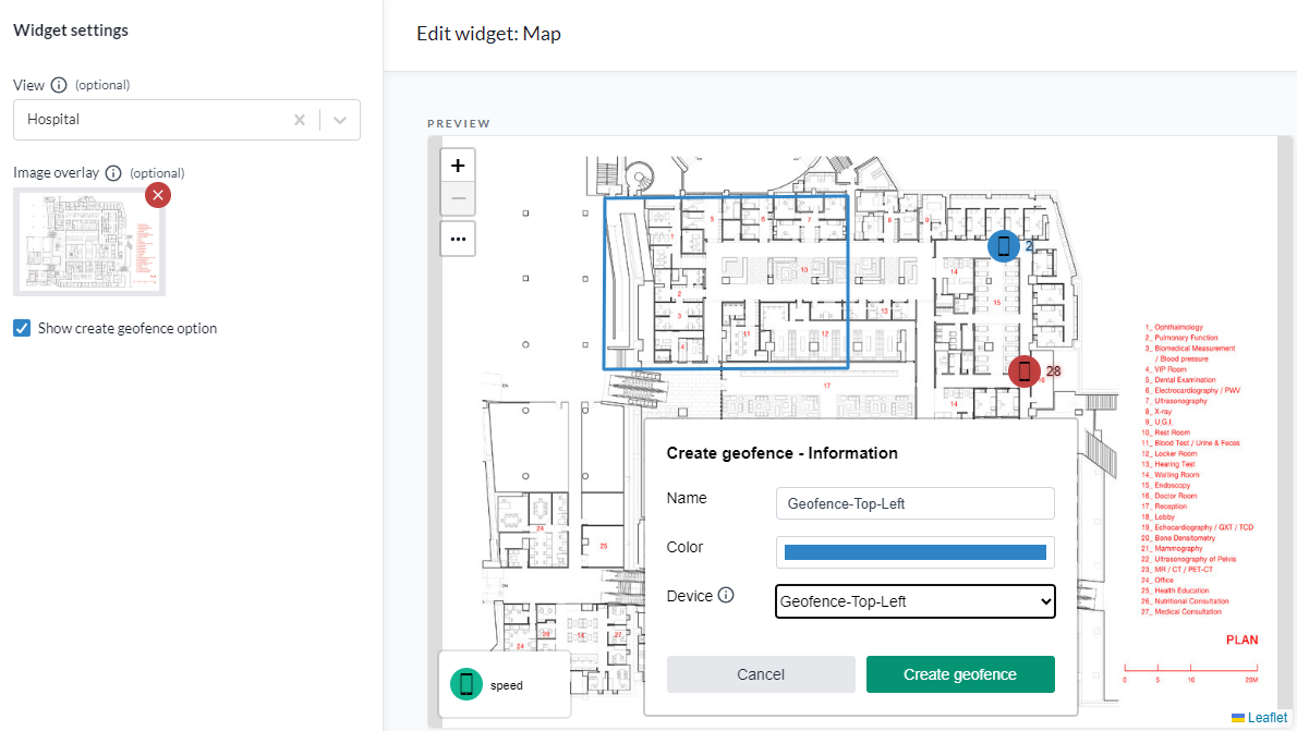 The Map widget with a floor plan drawn as a geotagged overlay image, with a geofence drawn on top of it